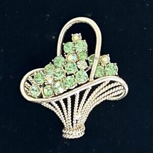 Vintage Flower Basket Brooch Women's Green Rhinestones Gold-tone Open-work Wire